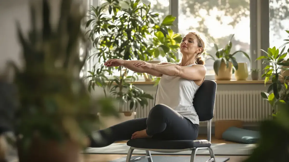 Op 52-jarige leeftijd heeft deze stoelpilates-sessie houding en energie in enkele weken verbeterd