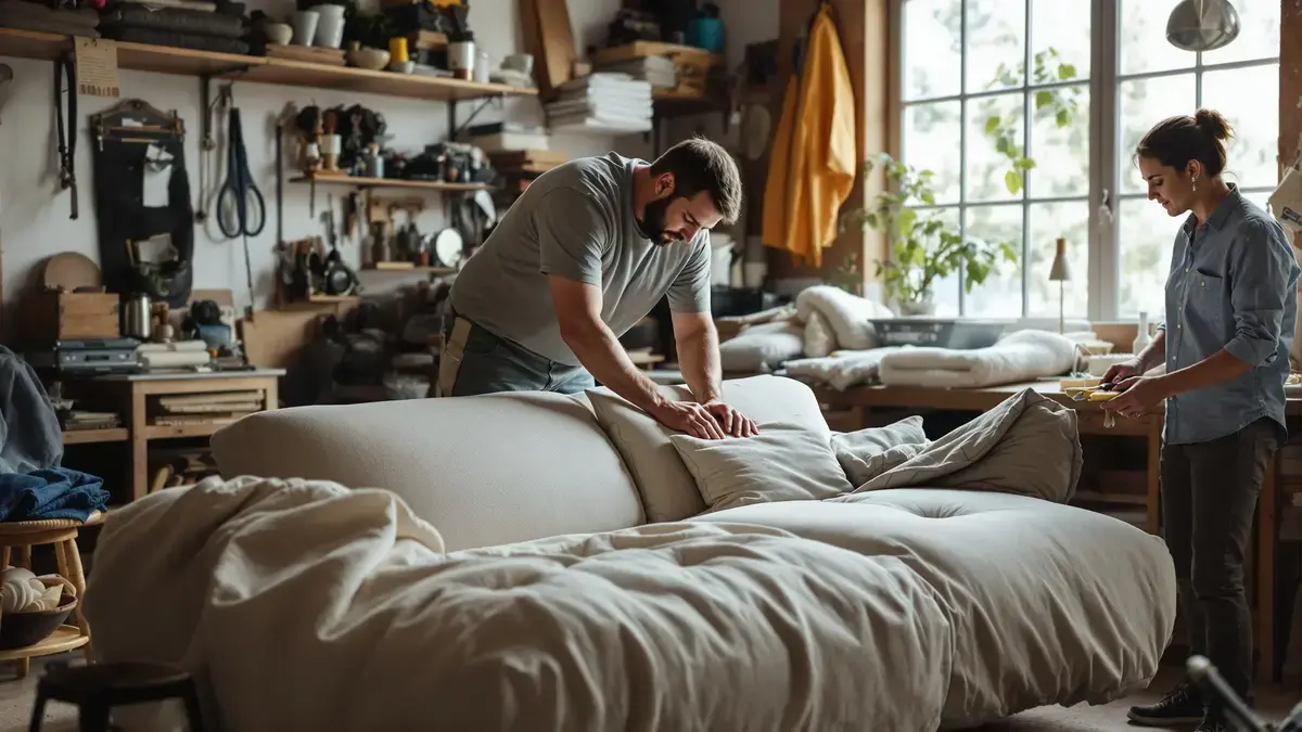 Dit vakmanschap van de stoffeerder geeft een ingezakte bank weer volume